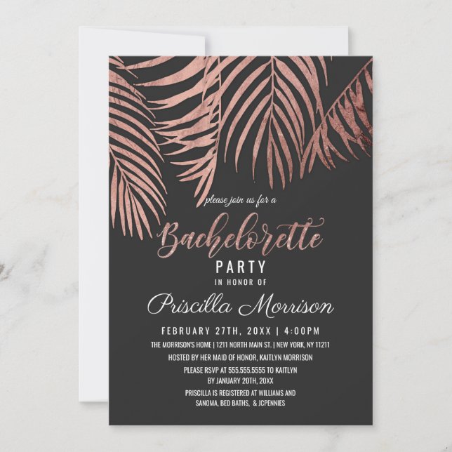 Invitación Rosa Palm Tree frente a Bachelorette Negra (Anverso)