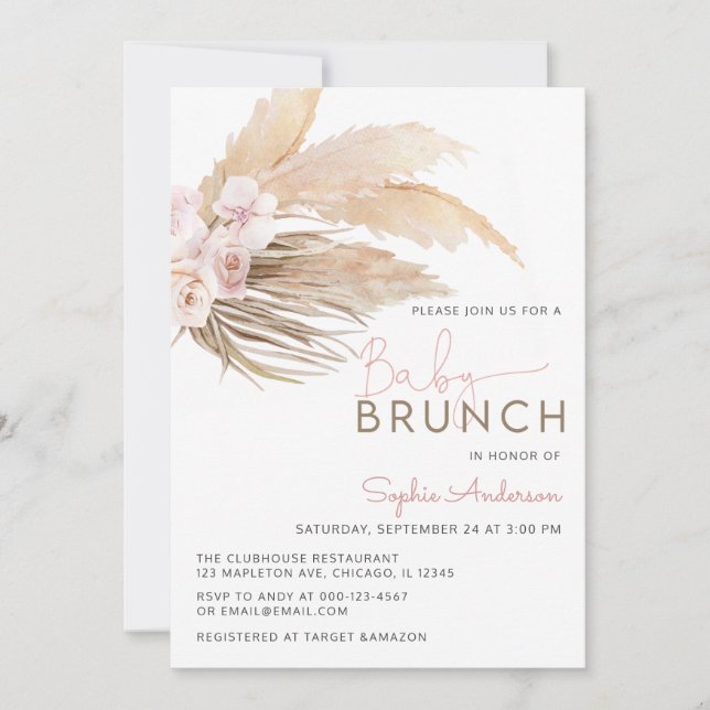 Invitación Rosa Pampas Grass Boho Baby Brunch Baby Shower Inv (Anverso)