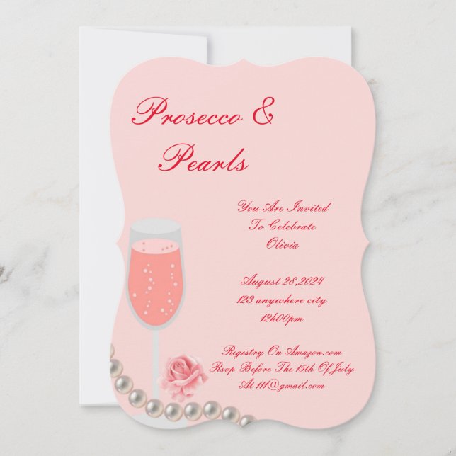 INVITACIÓN ROSA PARA BABORADA NUPCIAL DE PERLAS Y  (Anverso)