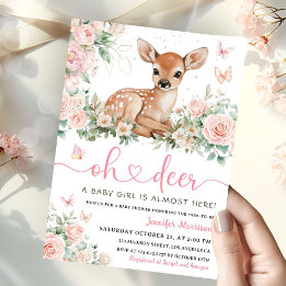 Invitación rosa para baby shower de niña Oh Deer B