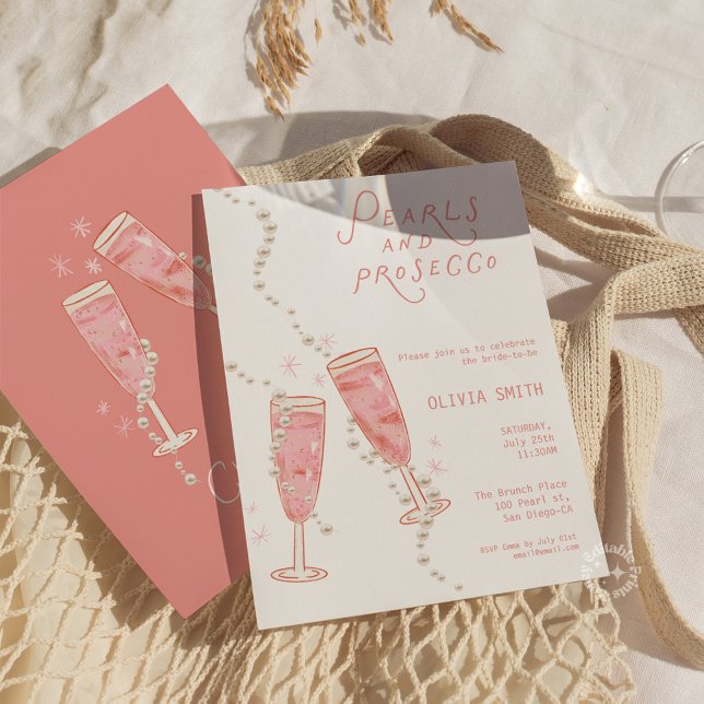 Invitación Rosa para Despedida de Soltera con Perl (Pearls and Prosecco Bridal Shower Pink Invite)