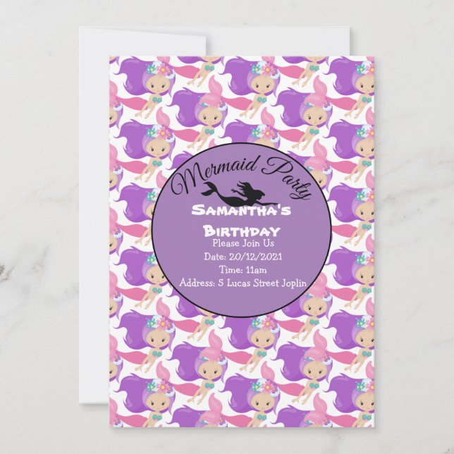 Invitación Rosa para Fiesta de Sirena Morada (Anverso)
