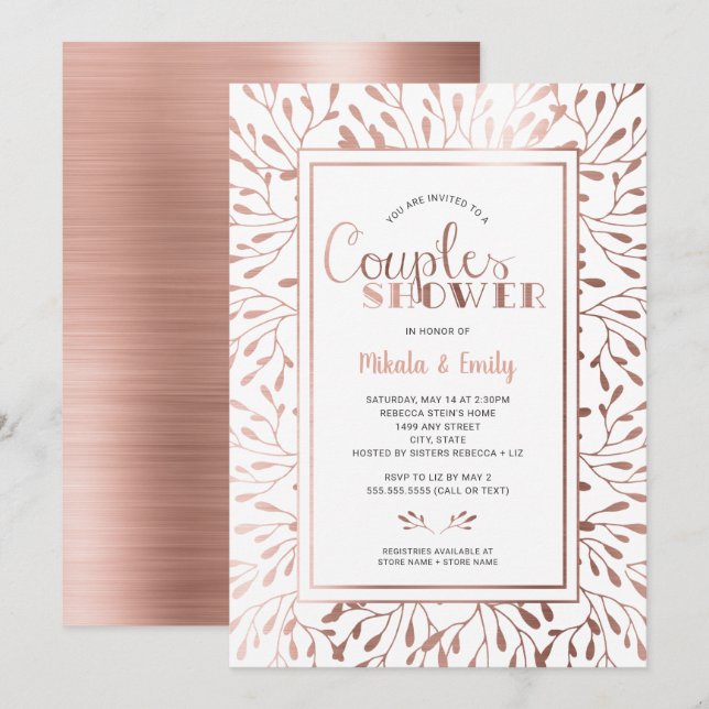 Invitación Rosa Parejas de marco dorado Ducha, cambiable de c (Anverso / Reverso)