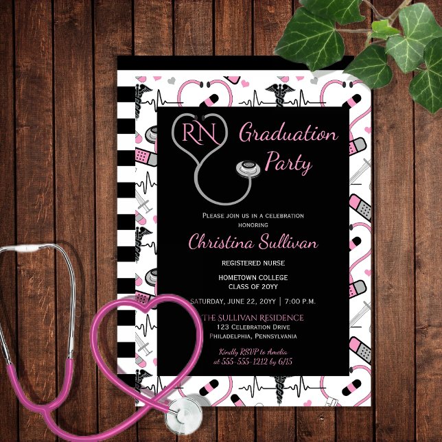 Invitación Rosa | Partido de Graduación de Enfermeras Negras (Pink and Black Medical Nurse Nursing Graduation Party Invitation - Print and/or Download)