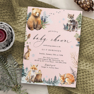 Invitación Rosa pastel   Cute Winter Forest Chica Baby Shower