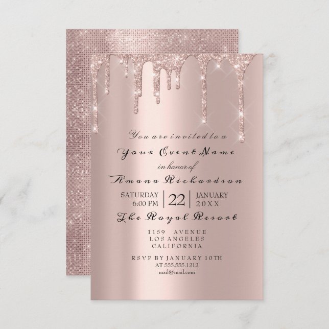 Invitación Rosa Pastel Polvo Brillante Diamante Metálico (Anverso / Reverso)