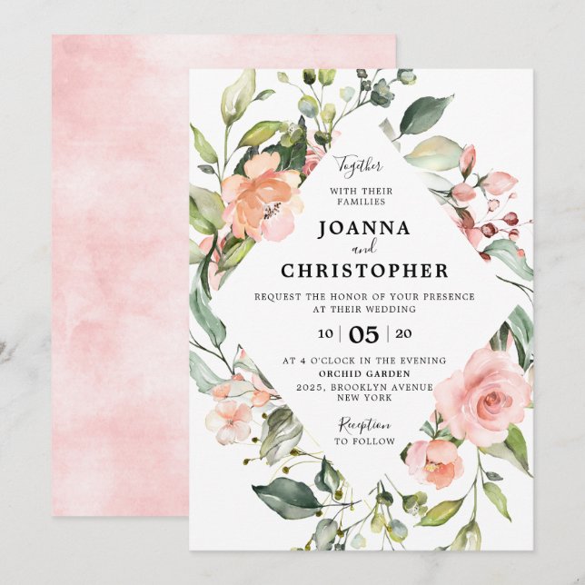 Invitación Rosa Pastel Rosa Rubor Boda Geométrico Floral (Anverso / Reverso)