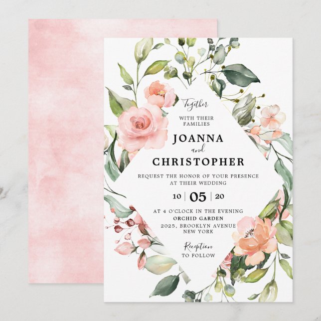 Invitación Rosa Pastel Rosa Rubor Boda Geométrico Floral (Anverso / Reverso)