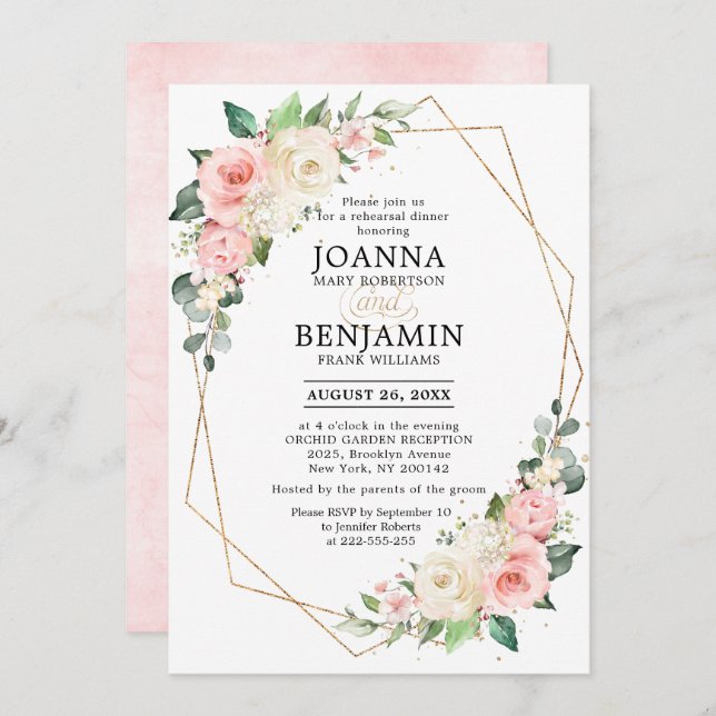 Invitación Rosa Pastel Rosa Rubor Ensayo Floral Cena (Anverso / Reverso)