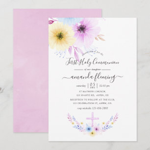 Invitación Rosa Pastel y Floral Azul Primera Comunión