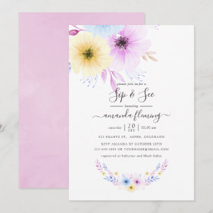 Invitación Rosa Pastel y Floral Azul Sip and See