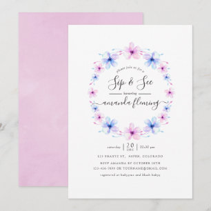 Invitación Rosa Pastel y Floral Azul Sip y Ver