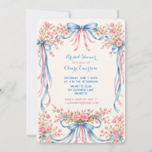 Invitación Rosa pastel y lazos azules vintage