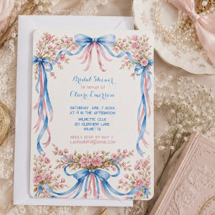 Invitación Rosa pastel y lazos azules vintage