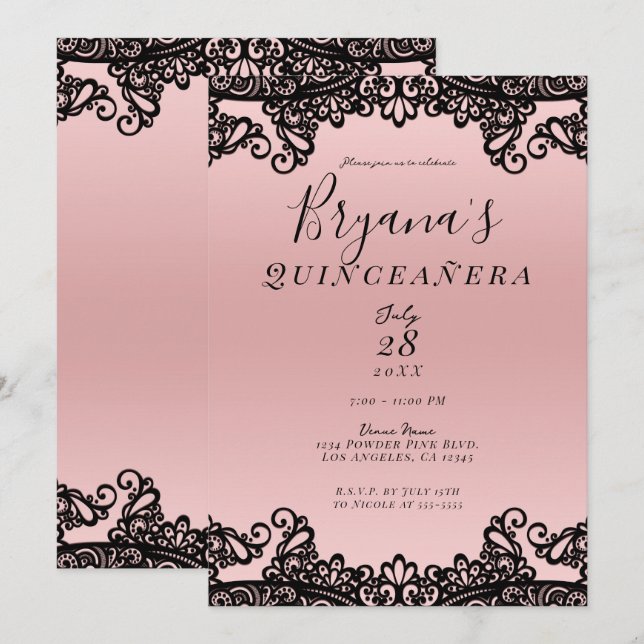 Invitación Rosa Peach Black Ink Lace 15th Quinceañera Fiesta (Anverso / Reverso)