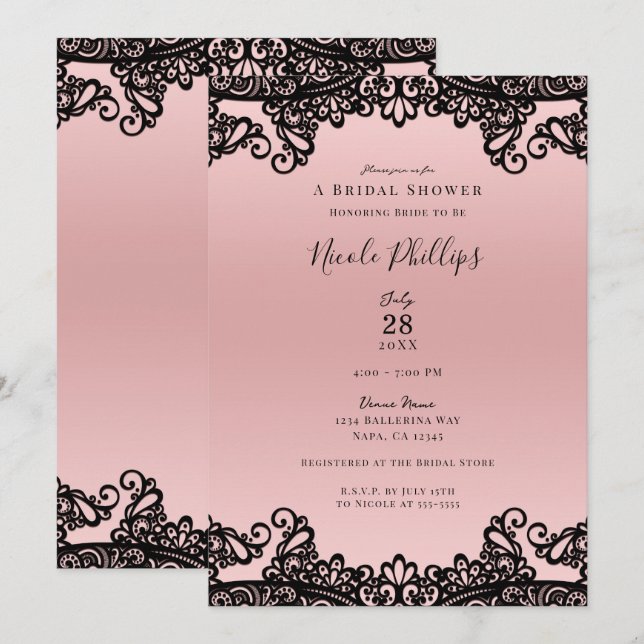 Invitación Rosa Peach Black Ink Lace Elegante Ducha Bridal (Anverso / Reverso)