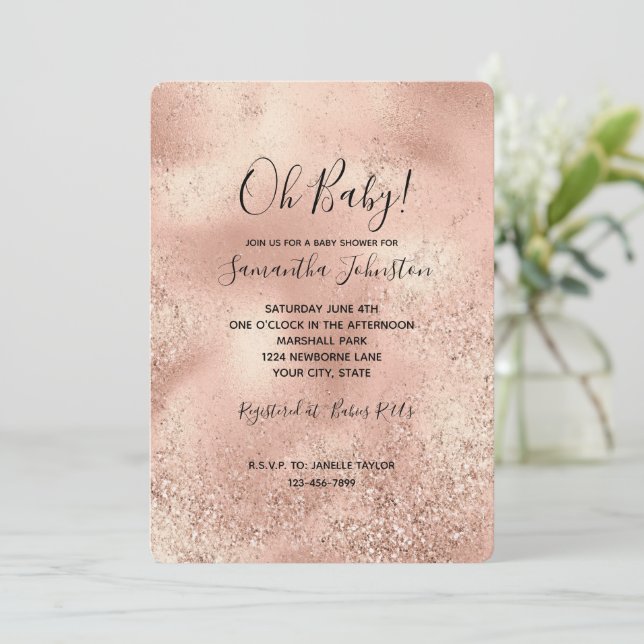 Invitación Rosa Peach Gold Glitzy Purpurina (Anverso de pie)