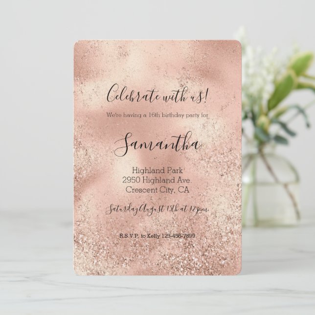 Invitación Rosa Peach Gold Glitzy Purpurina (Anverso de pie)