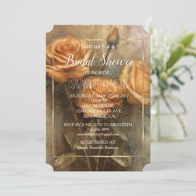 Invitación Rosa Peach Romantic Floral Gold Bridal Shower (Anverso de pie)