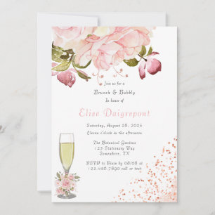 Invitación Rosa Peony Flores Purpurina Brunch & Bubbly