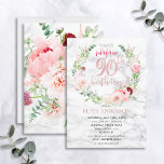 Invitación Rosa Peony Wreath Rosa Gold Marble Sorpresa 90<br><div class="desc">Manos abajo mi diseño favorito de todos los tiempos hasta la fecha, esta magnífica invitación sorpresa de cumpleaños incluye las más hermosas flores de acuarela que he visto nunca - ¡tan realistas que parecen fotos! Una corona de peonías rosadas y astilbe, dahlias, alonetas, ramas de eucalipto y un delicado crisantemo...</div>