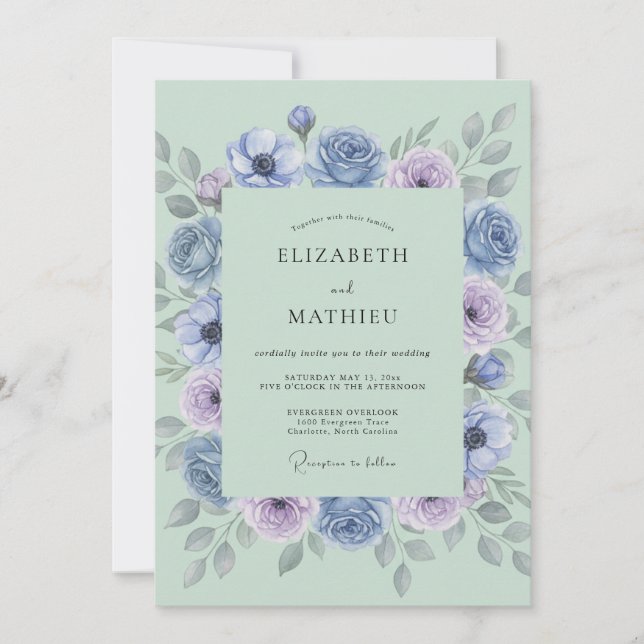 Invitación Rosa Periwinkle Flores Botánicas Boda (Anverso)
