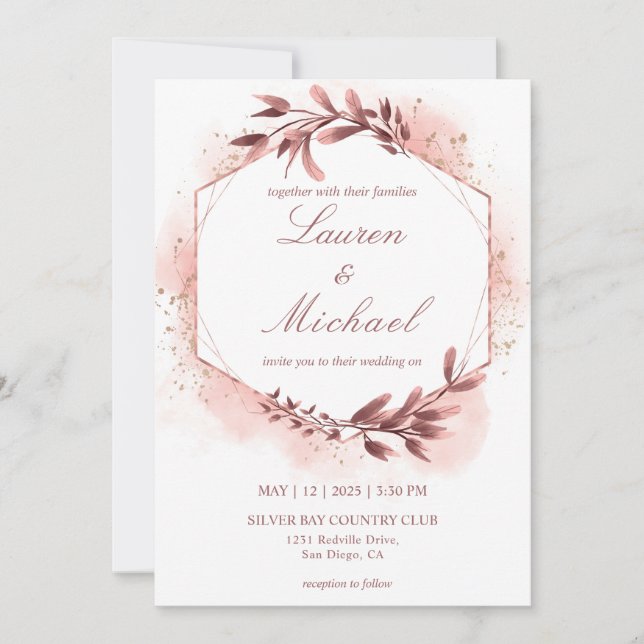 Invitación Rosa personalizado Boda de marcos florales geométr (Anverso)