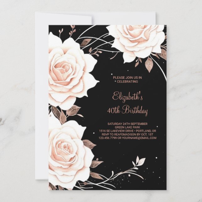 Invitación Rosa Personalizado Floral de Oro 40 cumpleaños (Anverso)