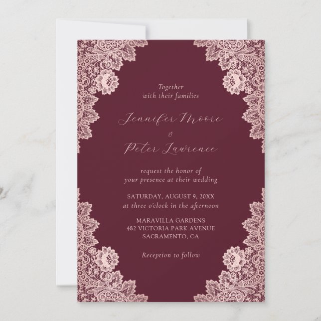 Invitación Rosa personalizado Oro y Boda de Borgoña (Anverso)