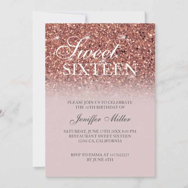 Invitación Rosa personalizado Purpurina de oro Drily Luxury  (Anverso)