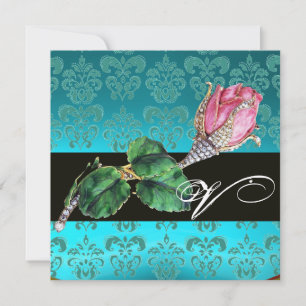 INVITACIÓN ROSA PINK DIAMANTE JEWEL , DAMASCO AZUL MONOGRAMA