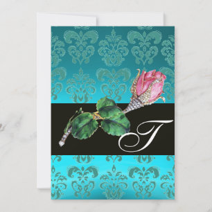 Invitación ROSA PINK DIAMANTE Joya , MONOGRAMA DAMASCO AZUL