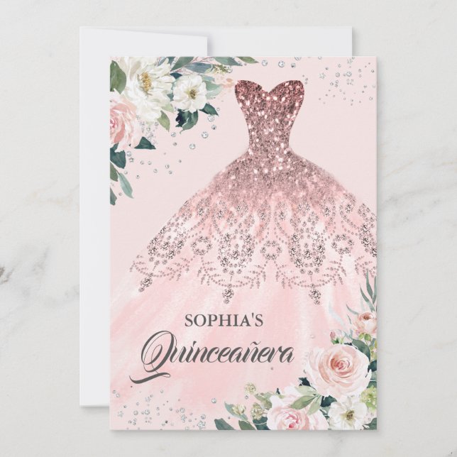 Invitación Rosa Plata Dorada Diamante Guisante Floral Quincea (Anverso)