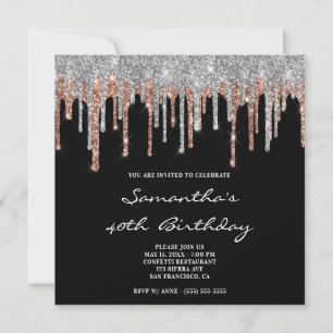 Invitación Rosa Plata Dorado Brillo Gotea Cumpleaños 40 Negro