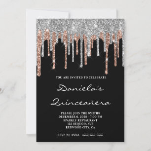 Invitación Rosa Plata Dorado Brillo Gotea Quinceañera Negra