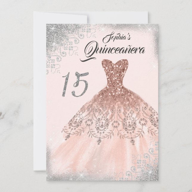 Invitación Rosa Plata Dorado Lace Diamond Gown Quinceanera (Anverso)
