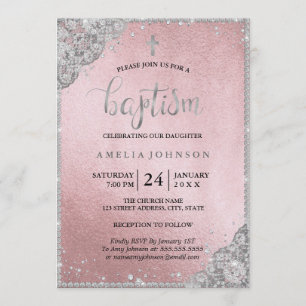 Invitación Rosa Plata Oro Diamante Cruce Baptismo
