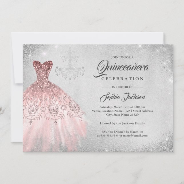 Invitación Rosa Plata Oro Diamante Lace Gown Quinceanera (Anverso)