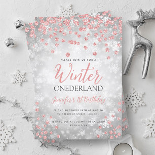 Invitación Rosa Plata Oro Invierno ONEDERLAND 1º cumpleaños