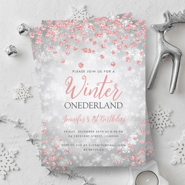 Invitación Rosa Plata Oro Invierno ONEDERLAND 1º cumpleaños (Silver Rose Gold Winter ONEDERLAND 1st Birthday Invitation)