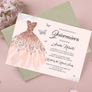 Invitación Rosa Plata Vestido de Esparkle de Oro Quinceanera