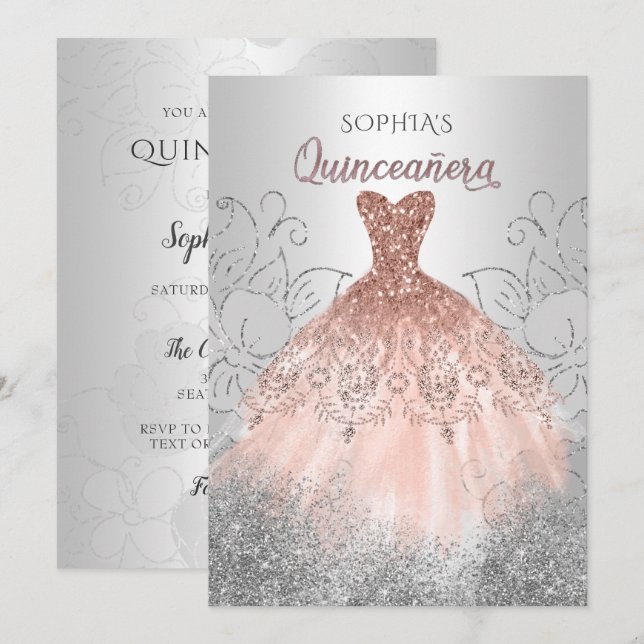 Invitación Rosa Plata Vestido de Esparkle de Oro Quinceañera  (Anverso / Reverso)