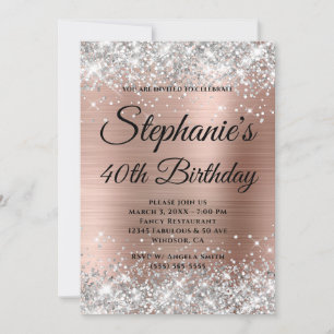 Invitación Rosa Plateado Dorado Monograma Elegante Cumpleaños