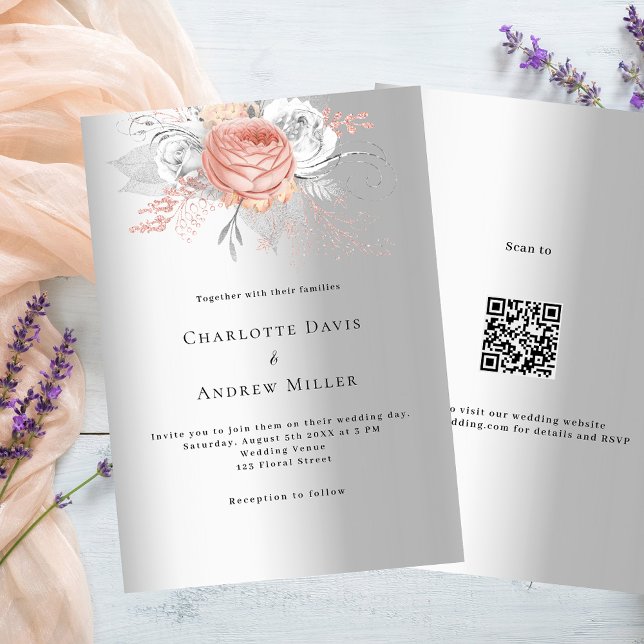 Invitación Rosa plateado floral de oro código QR boda RSVP (Subido por el creador)