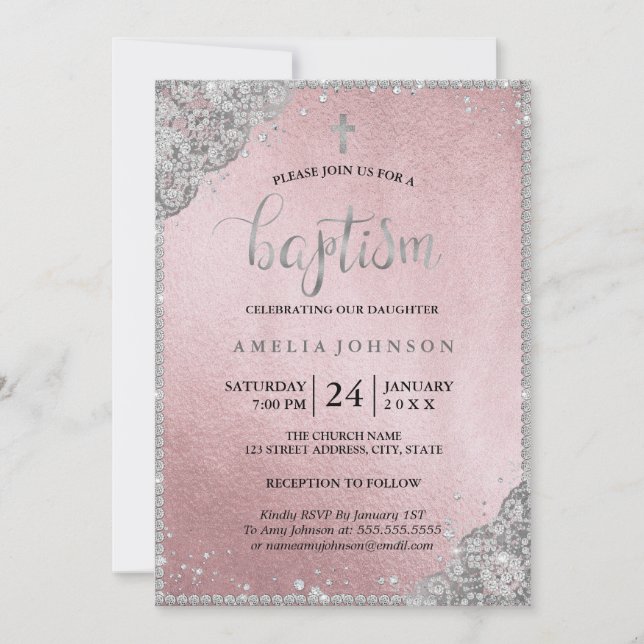 Invitación Rosa Plateado Oro Diamante Encaje Cruz Bautizo (Anverso)