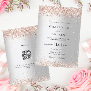 Invitación Rosa plateado oro QR detalles RSVP boda de lujo
