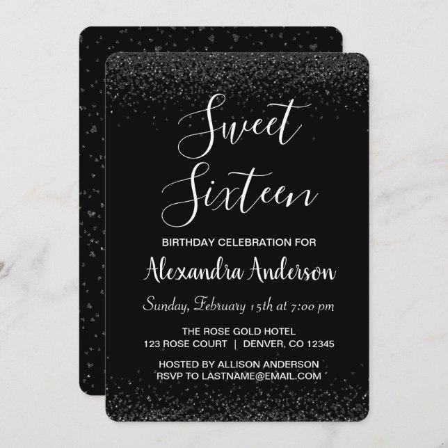Invitación Rosa plateado Petal Sweet Dieciséis cumpleaños (Anverso / Reverso)