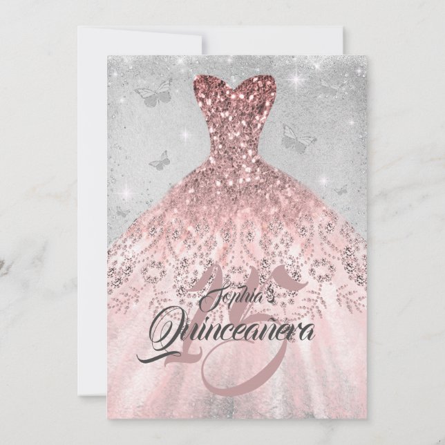 Invitación Rosa Plateado Vestido de Mariposa de Oro Quinceane (Reverso)