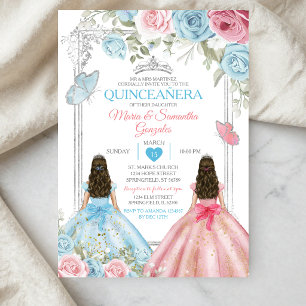 Invitación Rosa plateado y mariposa azul pastel Quinceañera