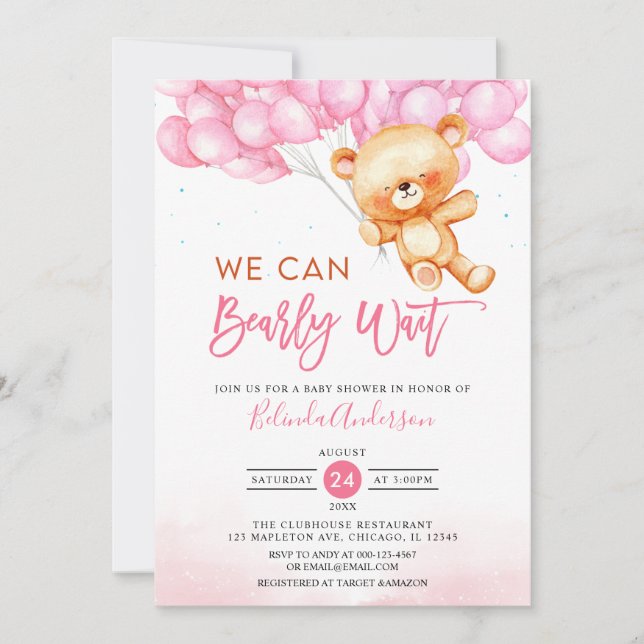 Invitación Rosa Podemos Esperar A Que Teddy Bear Baby Shower (Anverso)
